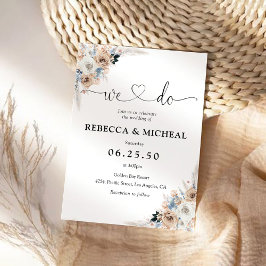 Invitación a la boda floral con boho marfil y azul