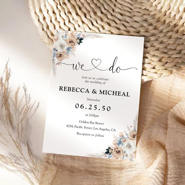 Invitación a la boda floral con boho marfil y azul (Subido por el creador)