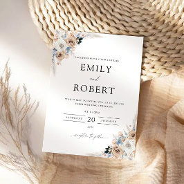 Invitación a la boda floral con boho marfil y azul
