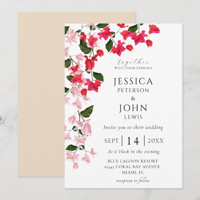 Invitación a la boda floral con Bougainvillea (Anverso / Reverso)