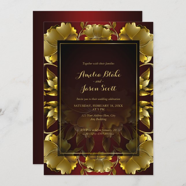 Invitación a la Boda Floral con Dorado Lujoso (Anverso / Reverso)