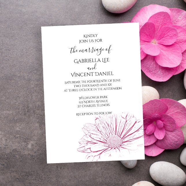Invitación a la boda floral con efecto de marea ro (The pretty Pink Daisy Effect Wedding Invitation is perfect for your garden party marriage ceremony.)
