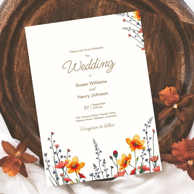 Invitación a la boda floral con flores silvestres  (best wedding card design | Fall season colors |  calligraphy watercolor wildflowers | custom )