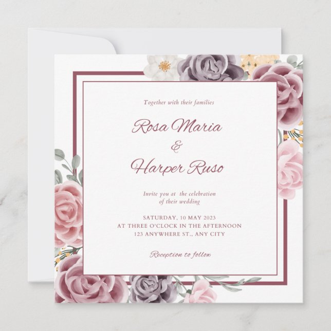 Invitación a la boda floral con foto en la parte p (Anverso)