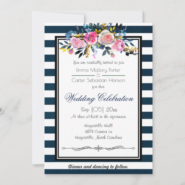 Invitación a la boda floral con franja azul modern (Anverso)