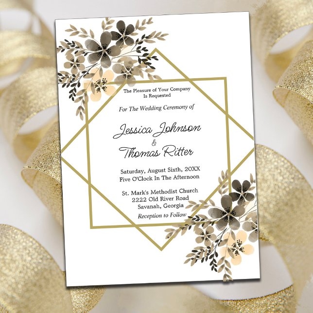 Invitación a la boda floral con marco dorado de co (Subido por el creador)