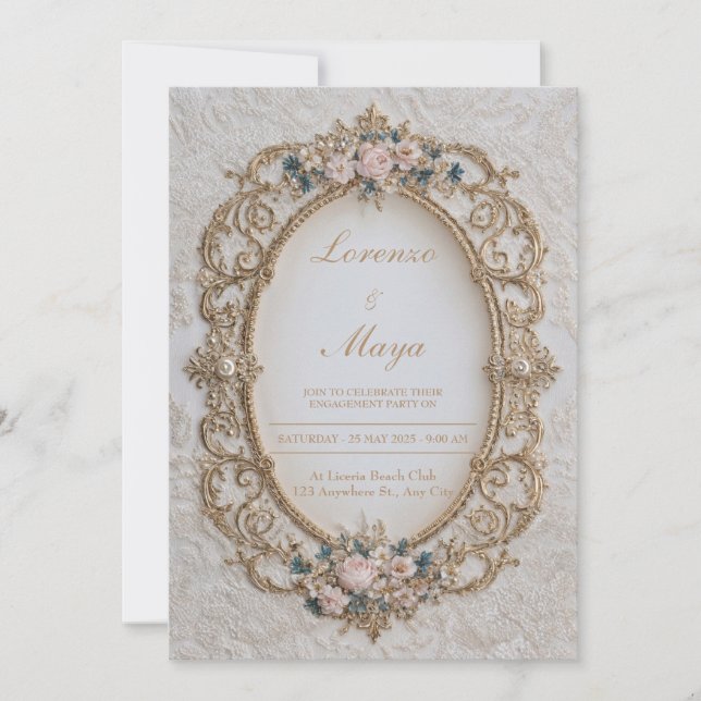 Invitación a la boda floral con marco dorado victo (Anverso)