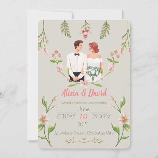 Invitación a la boda floral con novia y novio (Anverso)