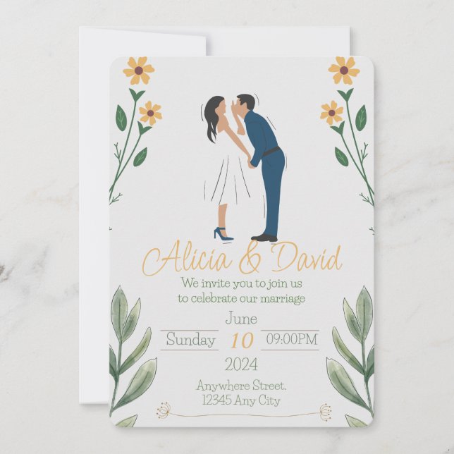Invitación a la boda floral con novia y novio (Anverso)