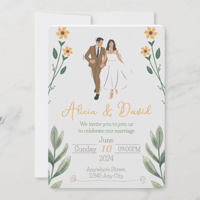 Invitación a la boda floral con novia y novio (Anverso)
