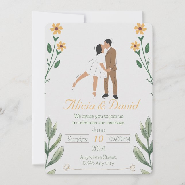 Invitación a la boda floral con novia y novio (Anverso)