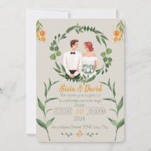 Invitación a la boda floral con novia y novio