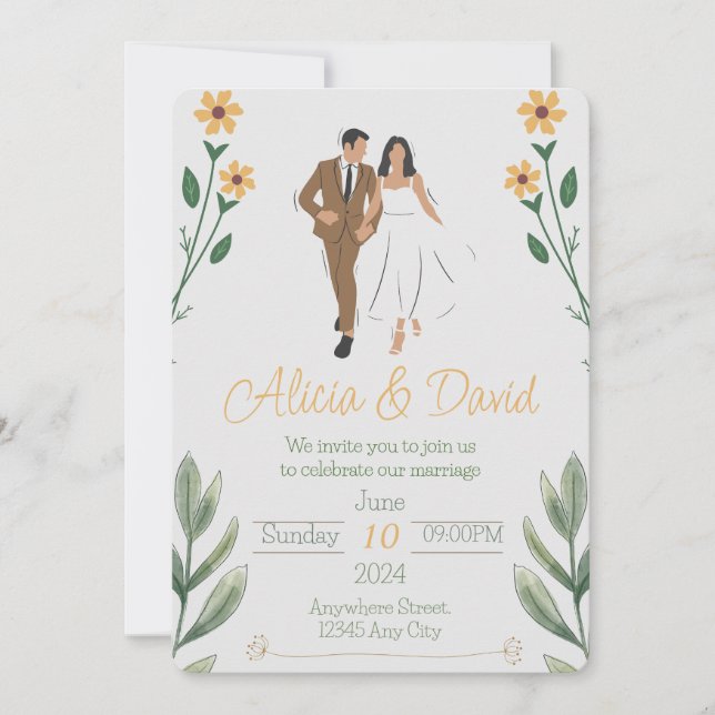 Invitación a la boda floral con novia y novio (Anverso)
