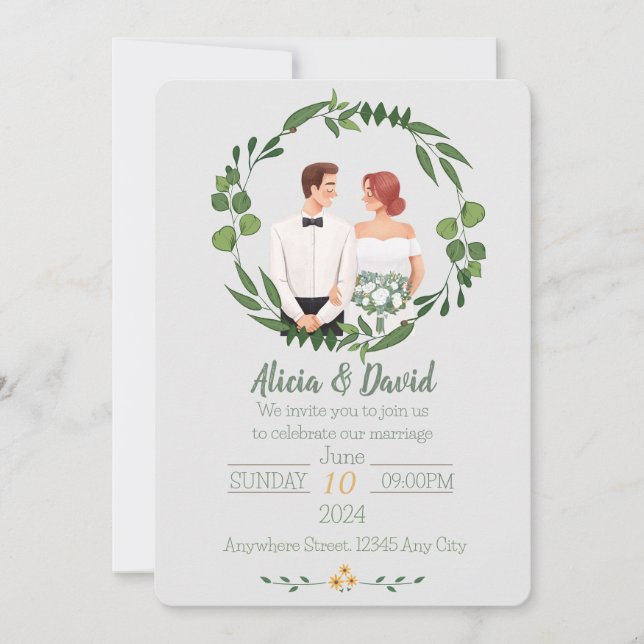 Invitación a la boda floral con novia y novio (Anverso)
