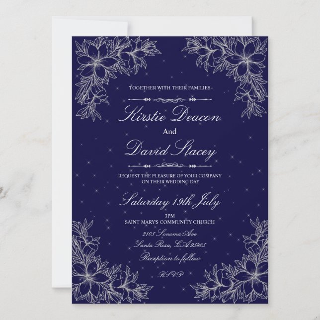 Invitación a la boda floral con ornato de plata (Anverso)