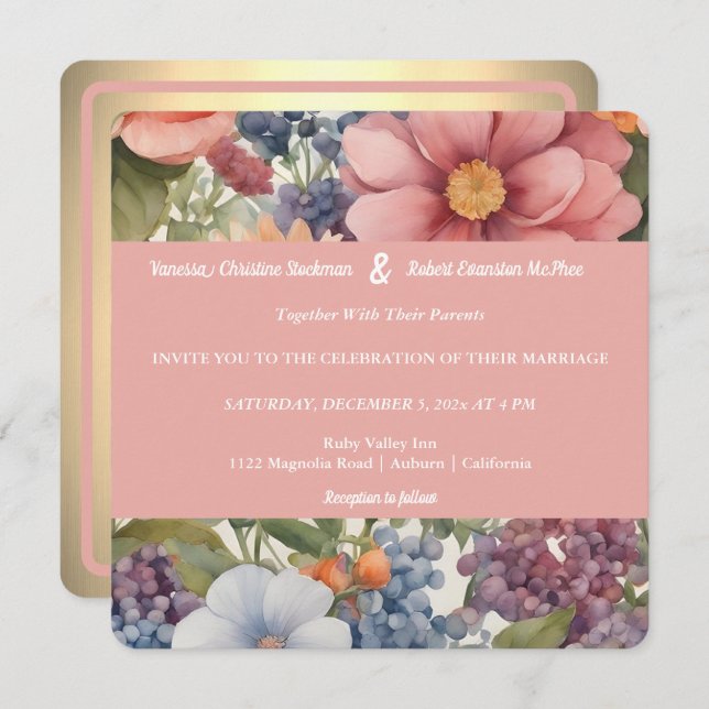 Invitación a la boda floral con pintura suave (Anverso / Reverso)