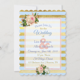 Invitación a la boda floral con rayas azules y dor