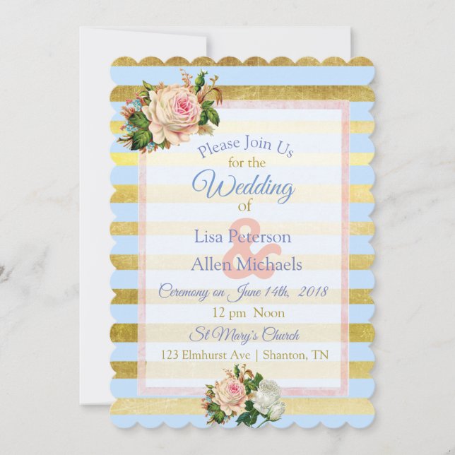 Invitación a la boda floral con rayas azules y dor (Anverso)