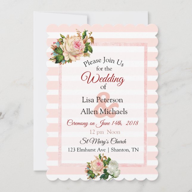 Invitación a la boda floral con rayas rosadas de R (Anverso)