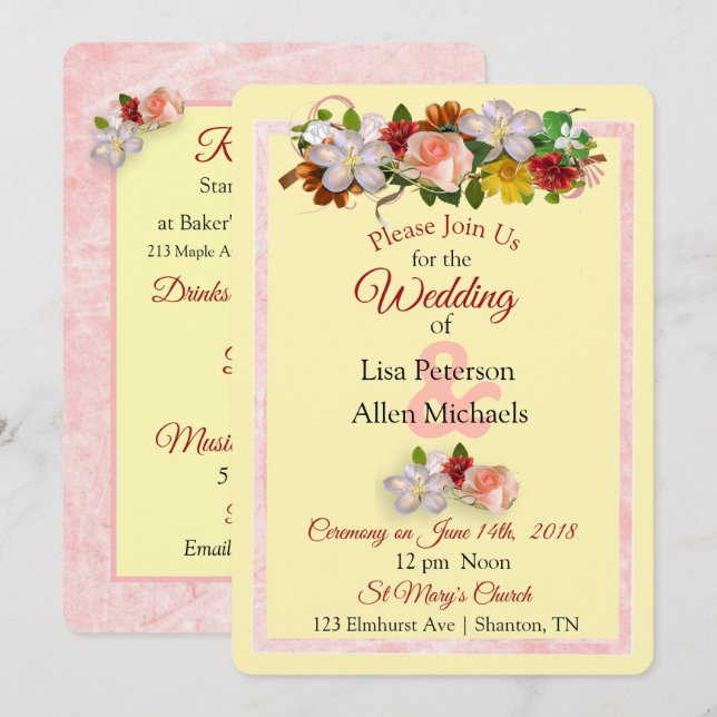 Invitación a la boda floral con Rosa borgoña y ama (Anverso / Reverso)