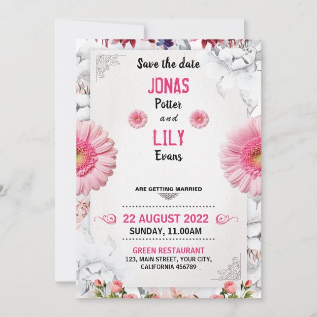 Invitación a la boda floral con Rosa de oro rosado (Anverso)
