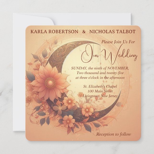 Invitación a la Boda Floral Coral Moonflower (Anverso)