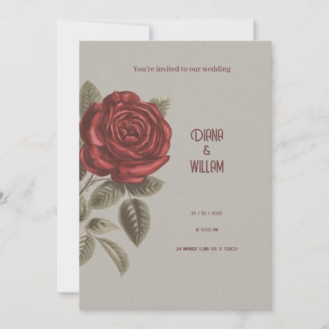 Invitación a la boda floral crema y roja (Anverso)