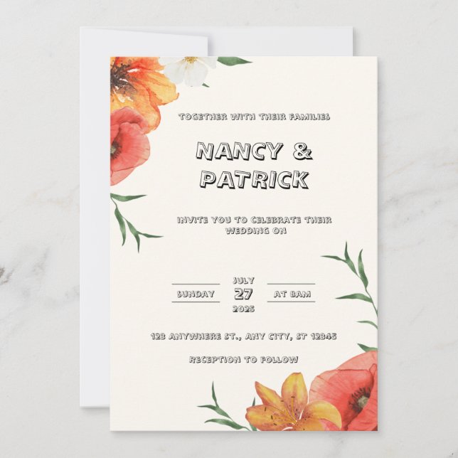 Invitación a la boda floral crema y verde (Anverso)