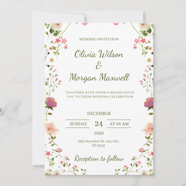 Invitación a la boda floral crema y verde (Anverso)