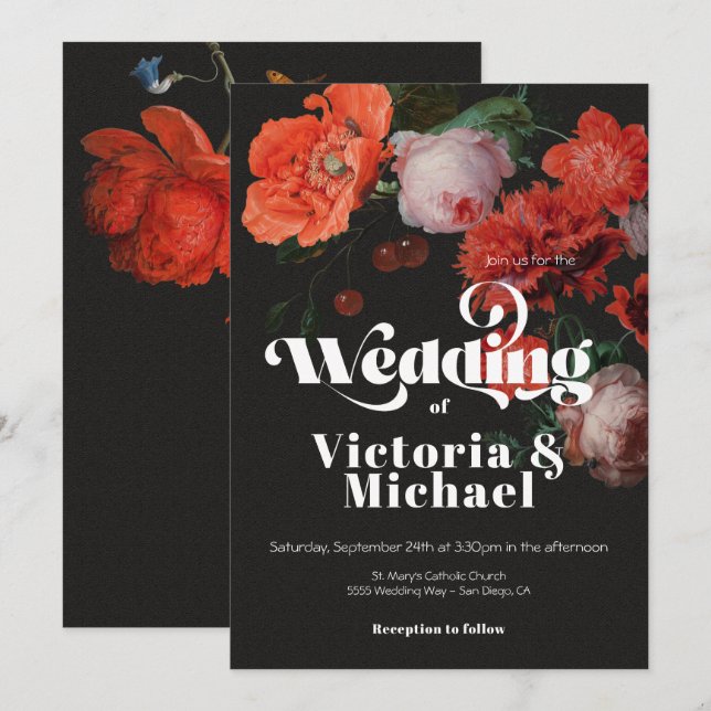 Invitación a la boda floral Dark & Moody (Anverso / Reverso)