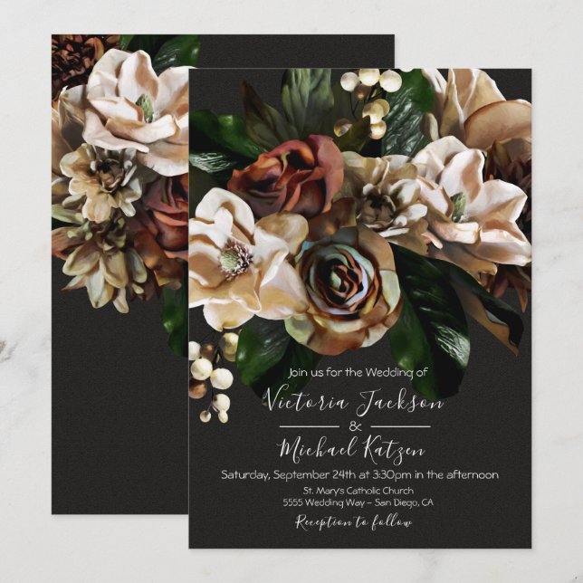 Invitación a la boda floral Dark & Moody (Anverso / Reverso)