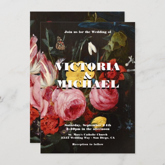 Invitación a la boda floral Dark & Moody (Anverso / Reverso)