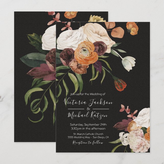 Invitación a la boda floral Dark & Moody (Anverso / Reverso)