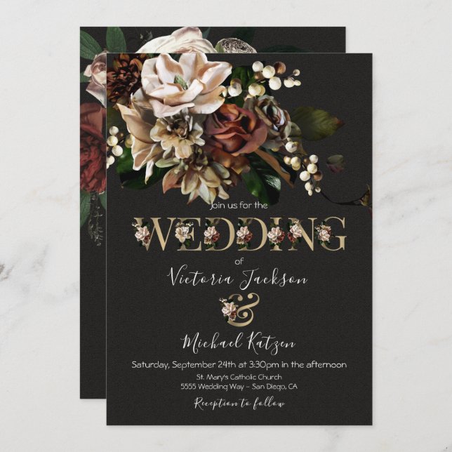 Invitación a la boda floral Dark & Moody (Anverso / Reverso)