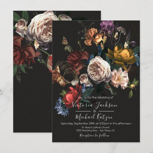 Invitación a la boda floral Dark & Moody (Anverso / Reverso)