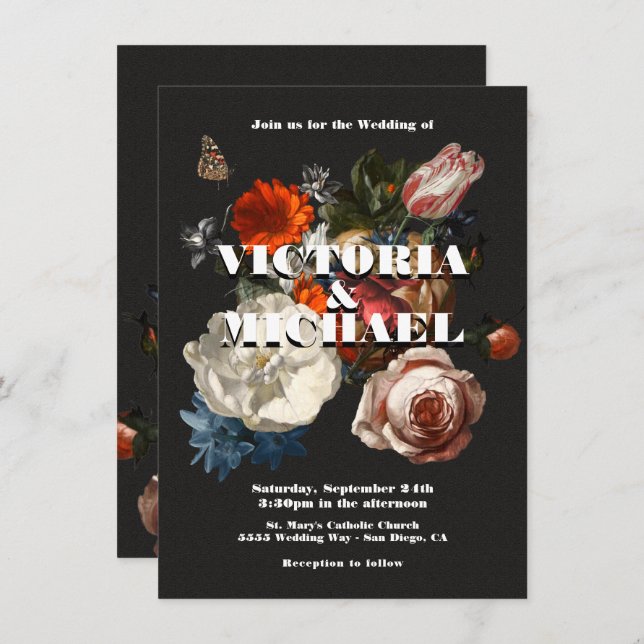 Invitación a la boda floral Dark & Moody (Anverso / Reverso)