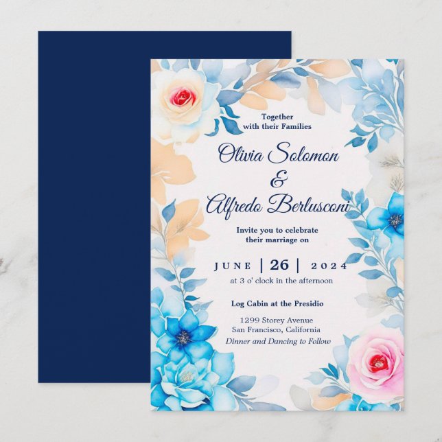 Invitación a la boda floral de acuarela azul oceán (Anverso / Reverso)