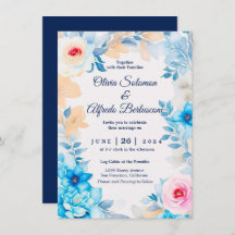 Invitación a la boda floral de acuarela azul oceán