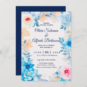 Invitación a la boda floral de acuarela azul oceán