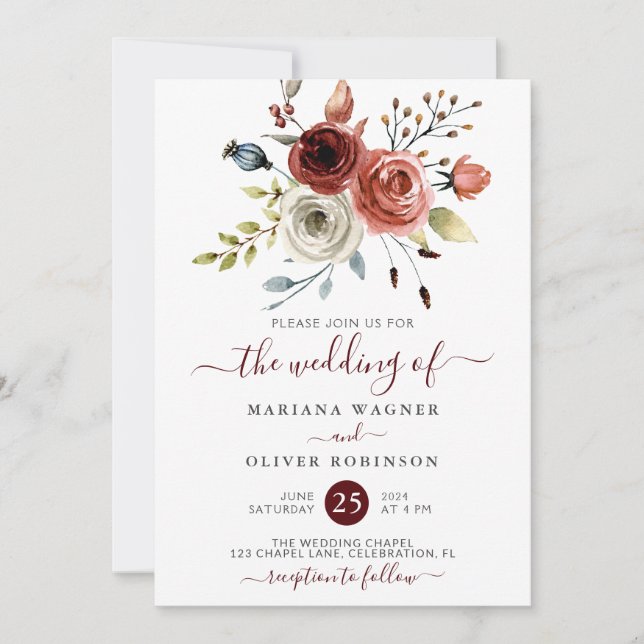 Invitación a la boda floral de acuarela de la mezc (Anverso)