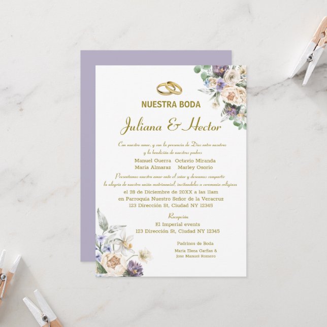 Invitación a la boda floral de acuarela de Lilac (Anverso/Reverso In Situ)