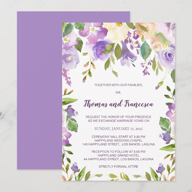 Invitación a la boda floral de acuarela de Lilac (Anverso / Reverso)
