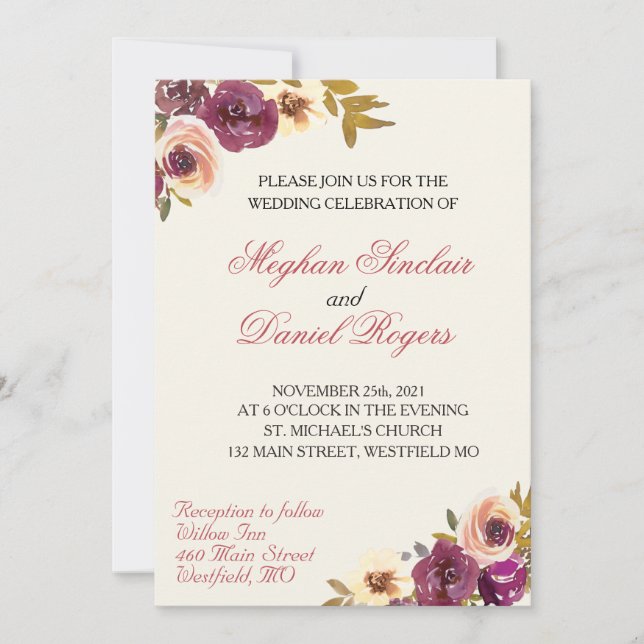 Invitación a la boda floral de acuarela de otoño (Anverso)