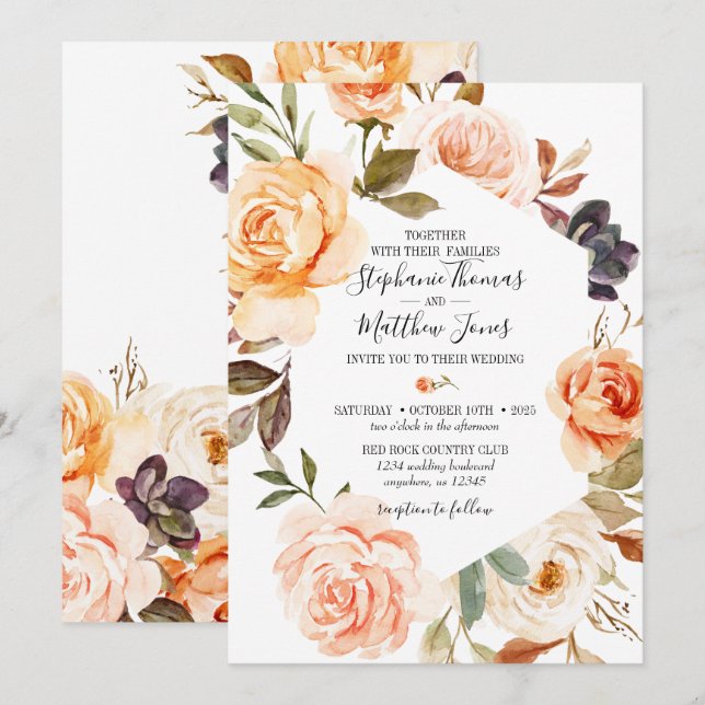 Invitación a la boda floral de acuarela de otoño r (Anverso / Reverso)