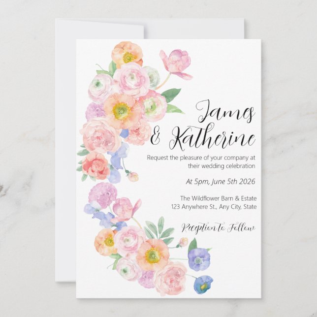 Invitación a la boda floral de acuarela de primave (Anverso)