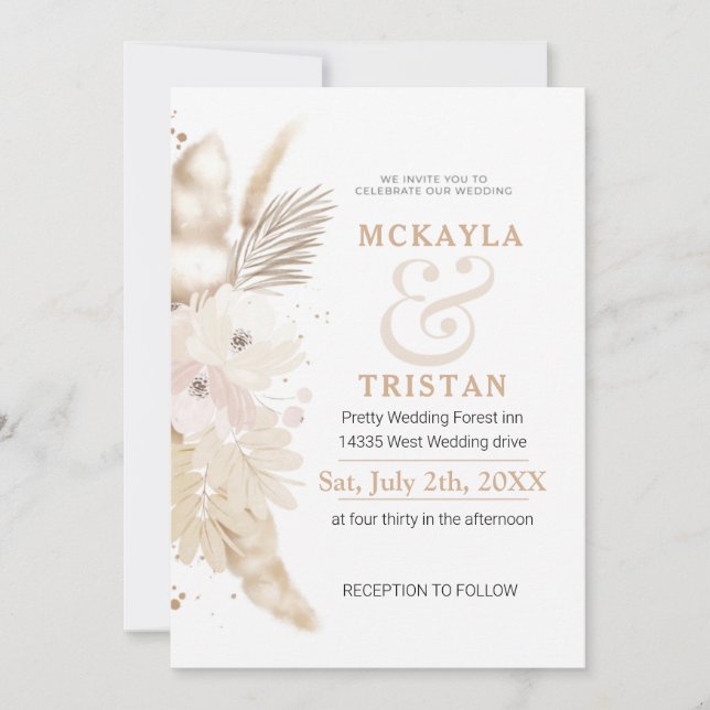 Invitación a la boda floral de acuarela dorada (Anverso)