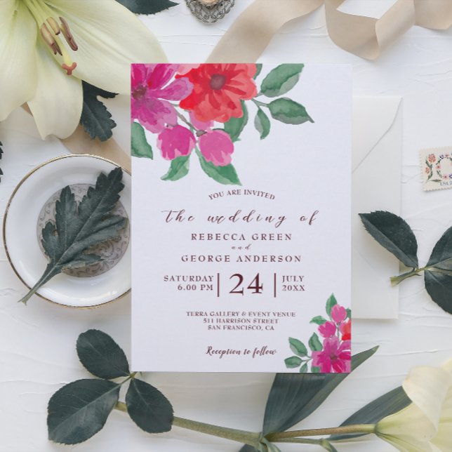 Invitación a la boda floral de acuarela Fuchsia (Subido por el creador)