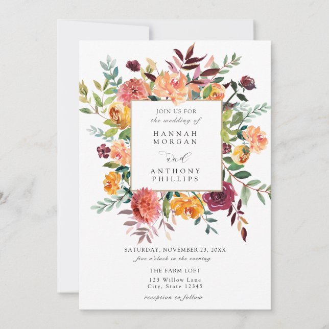 Invitación a la boda floral de acuarela rústica (Anverso)