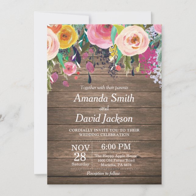 Invitación a la boda floral de acuarela rústica (Anverso)