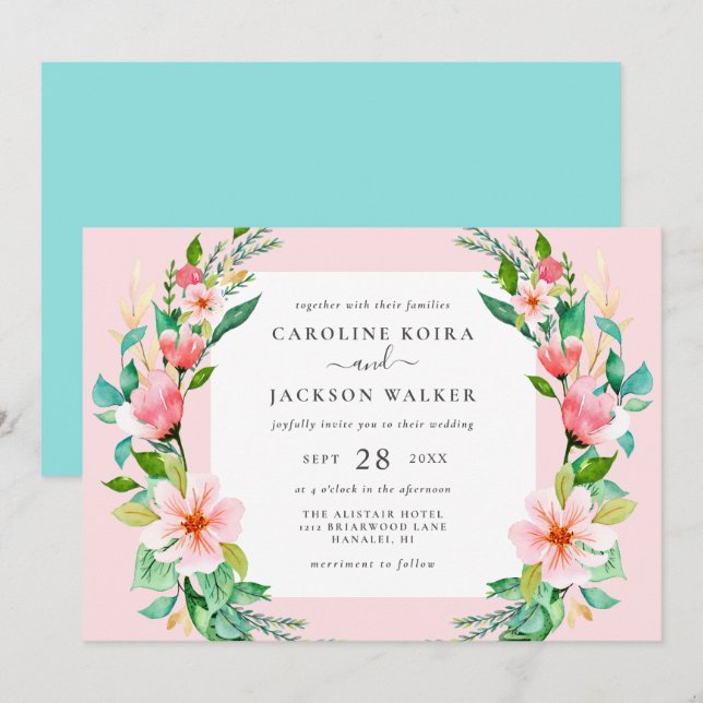 Invitación a la boda floral de acuarela tropical (Anverso / Reverso)
